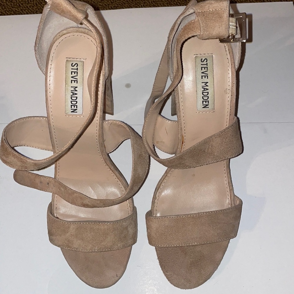 Nude,suede sandal heels by Steve Madden.